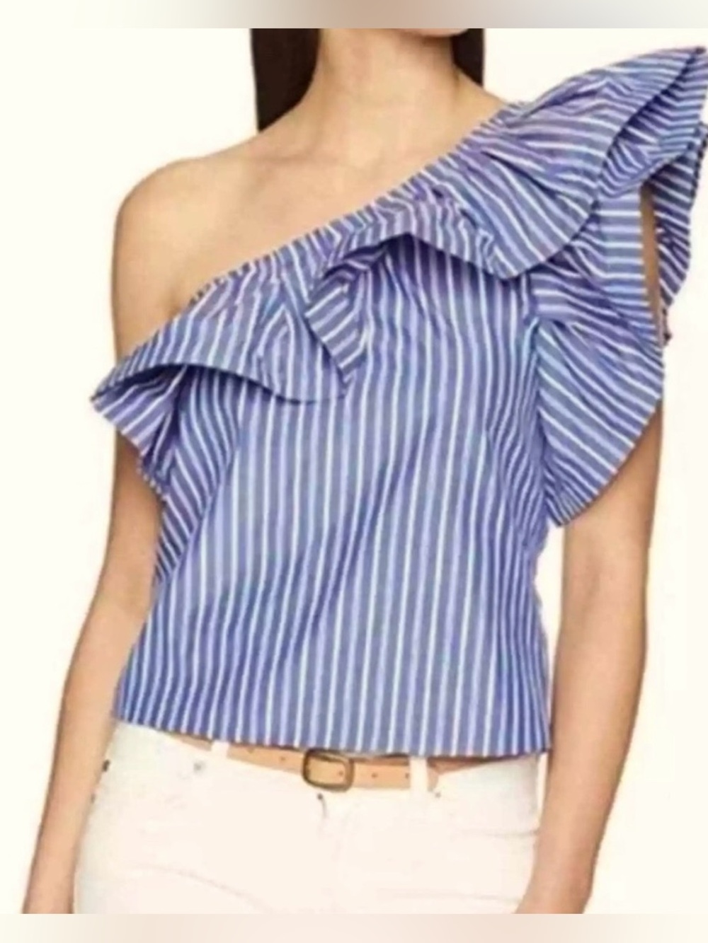 MISA Los Angeles One-Shoulder Ruffle Top XS Blue White Stripe